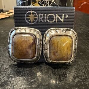 Orion Vintage Clip-On Earrings Silver Tone with Tan Faux Stone Cabochons J18